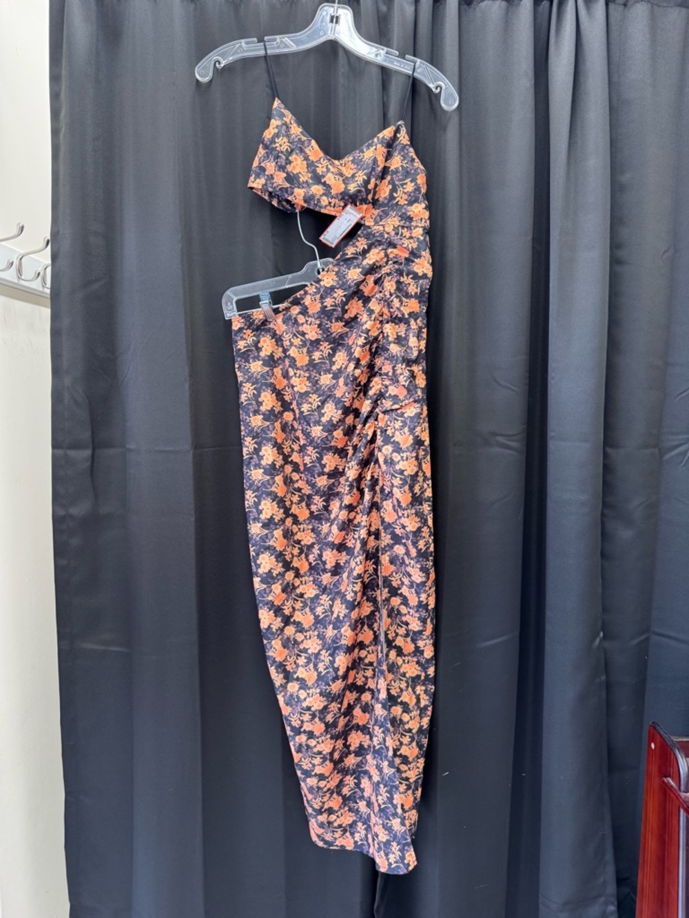 Spaghetti Strap Midi Dress in Black with Orange Floral Print